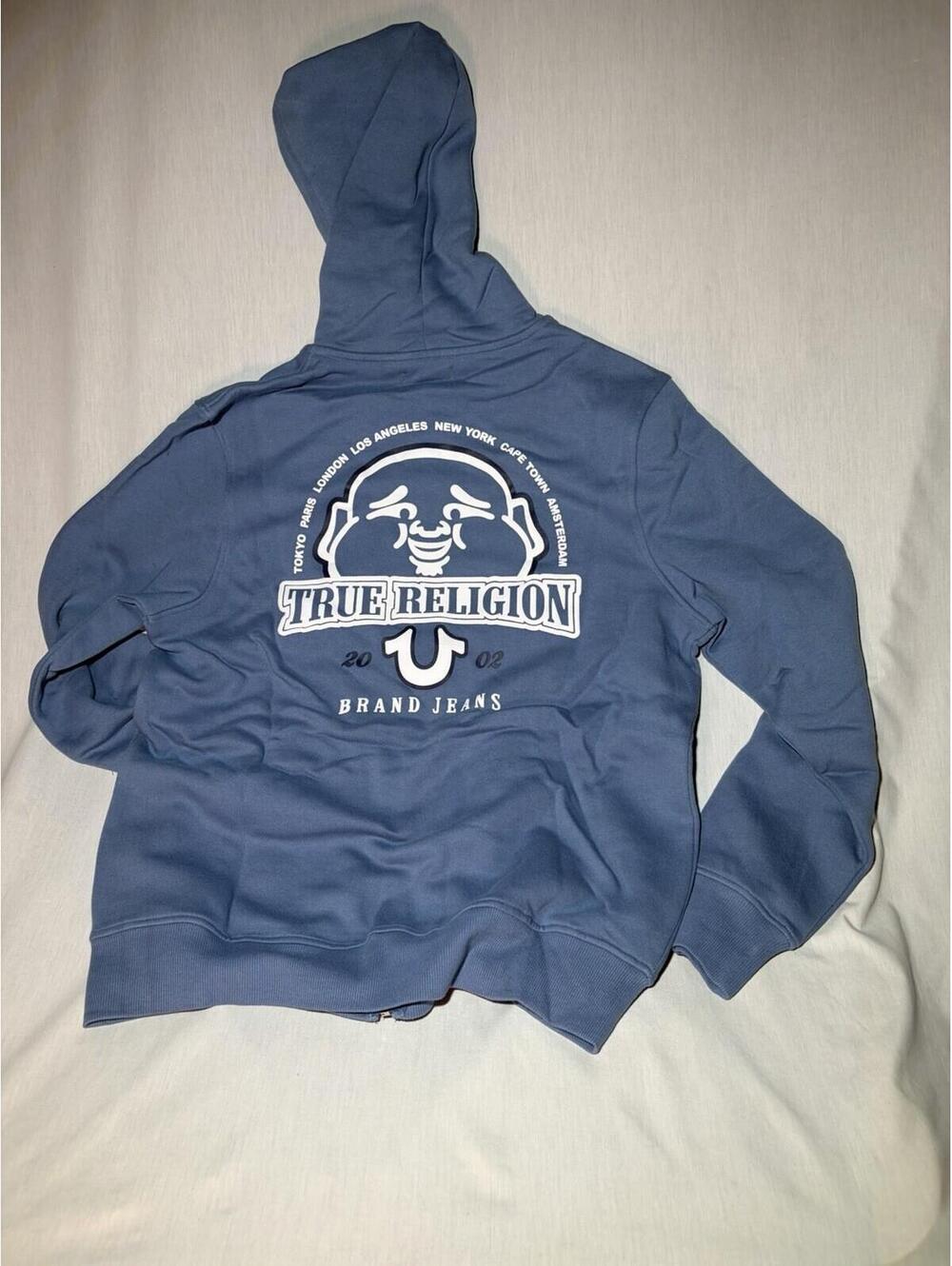 True Religion Men's Blue Full Zip Hooded Graphic Logo Hoodie Pockets L